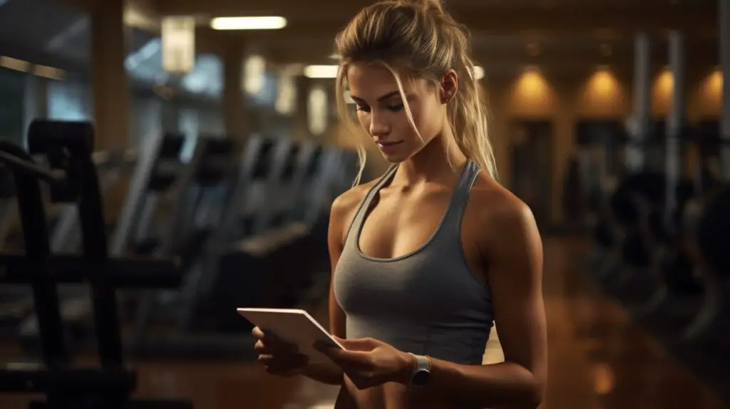 woman working out in a gym playing a fitness app that pays real money