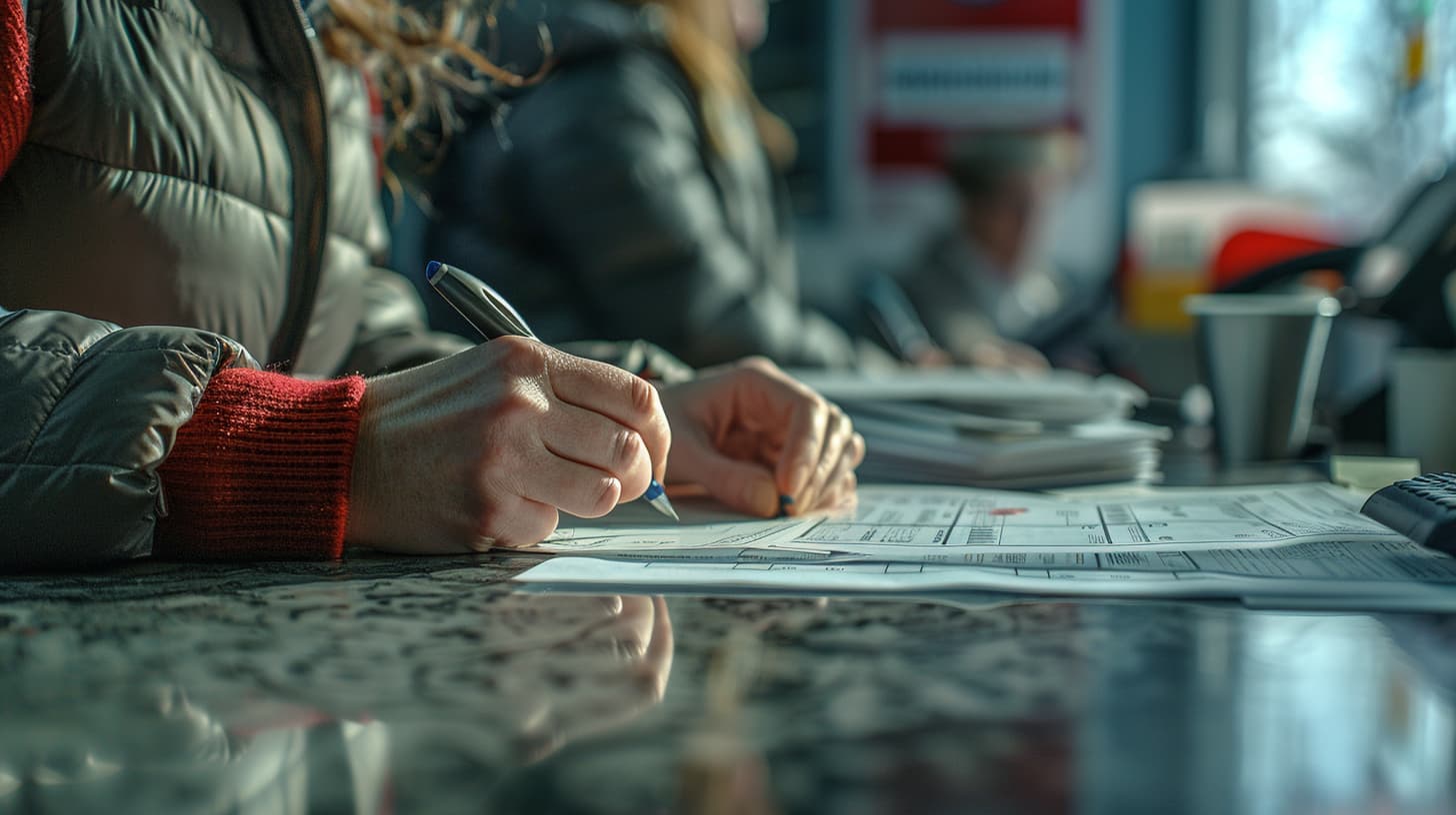 photo in 8k resolution showcasing a close-up of a person purchasing a money order at a post office counter.