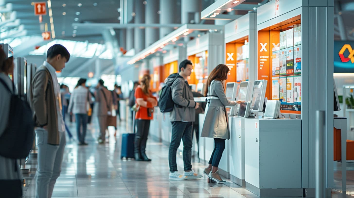photo showcasing a diverse group of people from different countries exchanging currency at an XE Money Exchange booth in a bustling airport terminal.