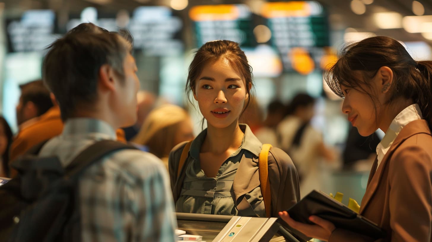 photo showcasing a diverse group of individuals from different countries exchanging currency at a bustling international airport money exchange booth for money transfer overseas