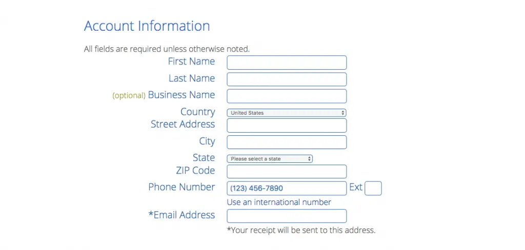fill out bluehost account info