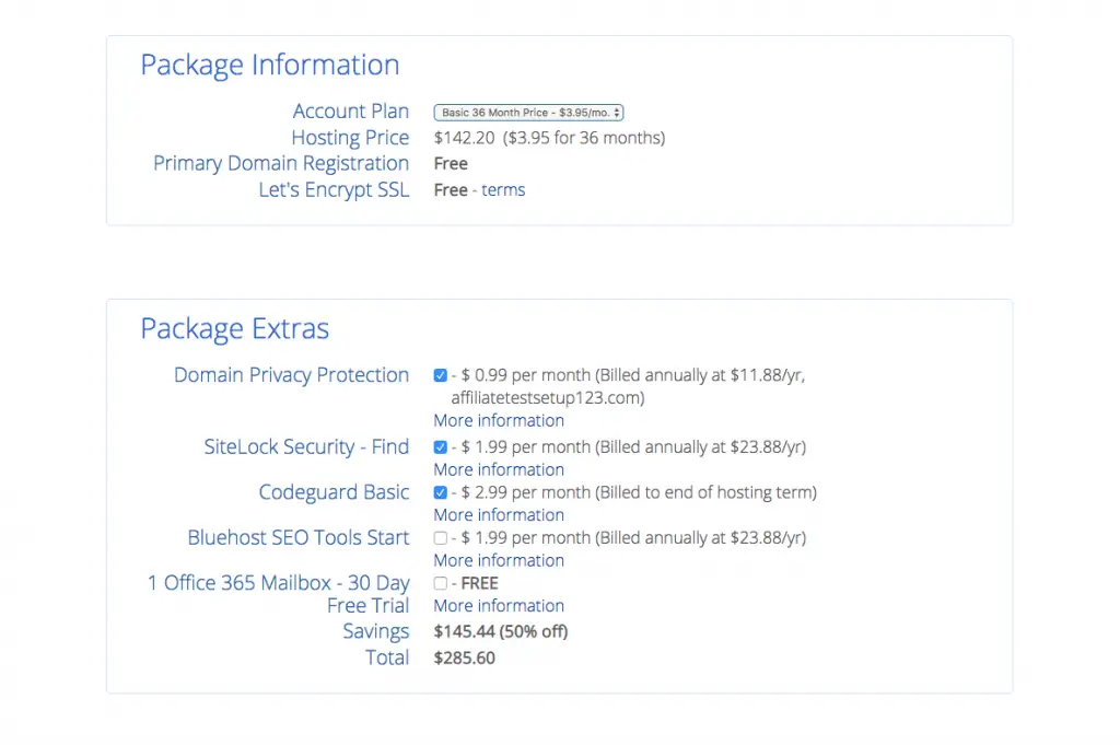 Pick hosting package and options