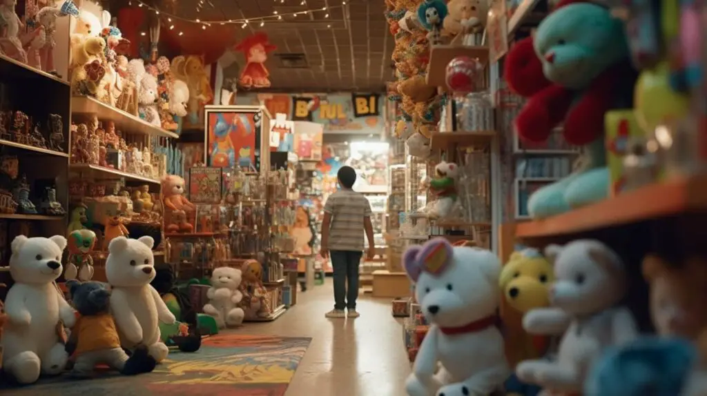 picture of a kid in a toy store buying all kinds of toys