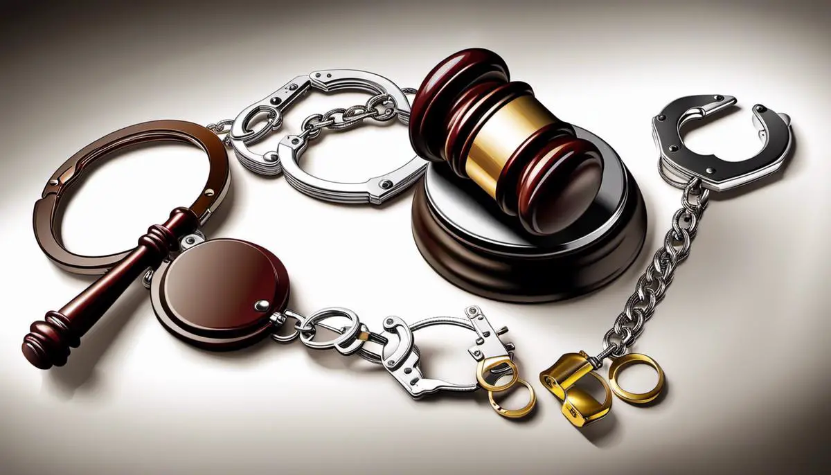 Illustration of a judge's gavel and handcuffs to symbolize legal consequences for violating check cashing laws.