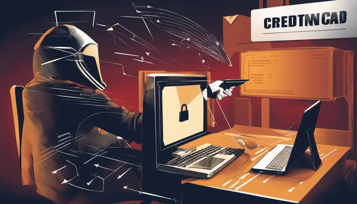 Illustration depicting credit card fraud with arrows pointing to a stolen credit card and a hacker on a computer.
