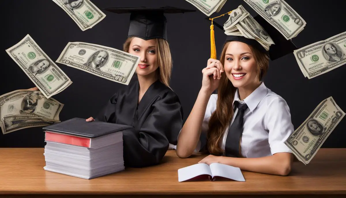 Image depicting a student with a graduation hat holding a stack of money and a credit card.