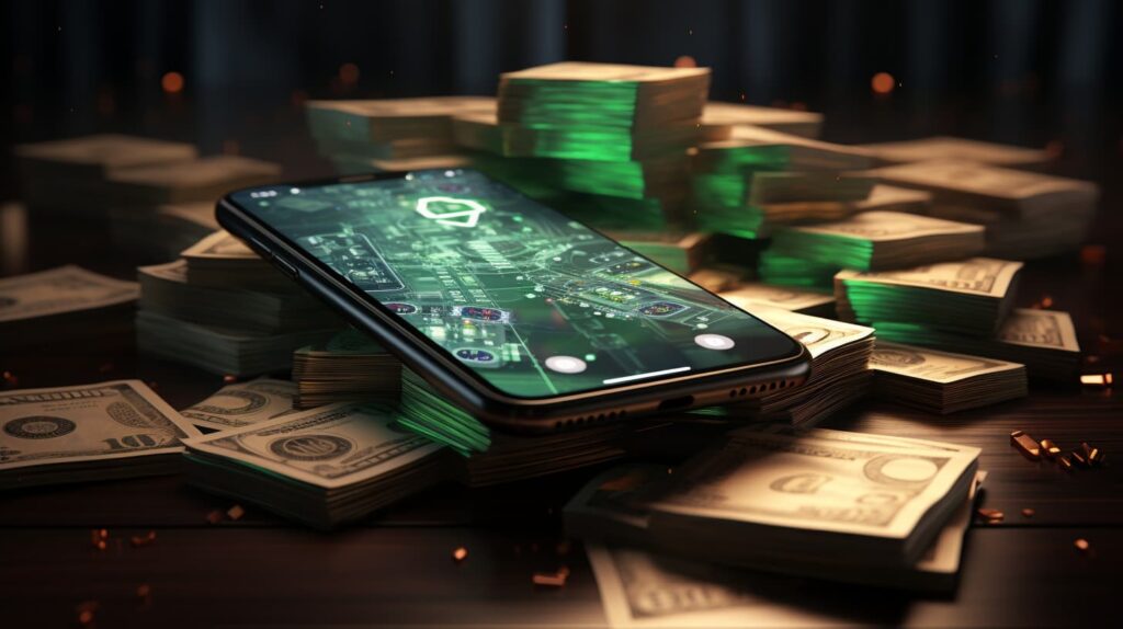 an image featuring a smartphone with the Cash App open, displaying a generated barcode on-screen, with a hand holding a wallet nearby, symbolizing the action of loading money.