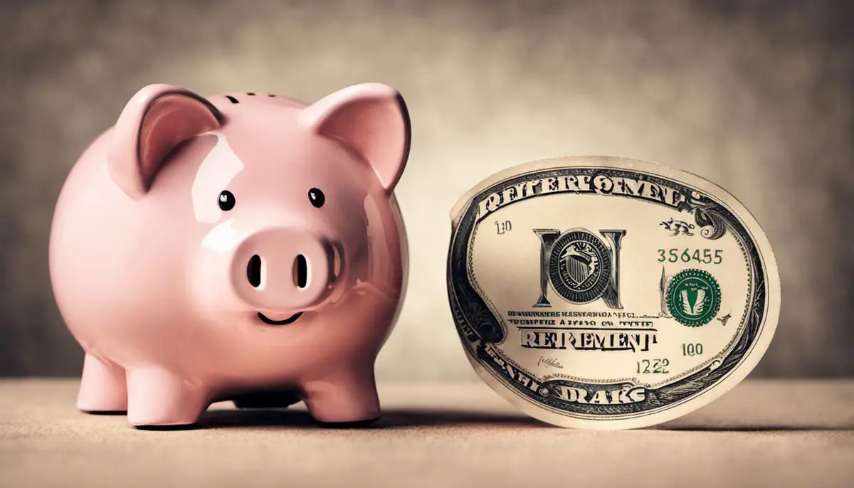 An image depicting a person holding a piggy bank with retirement written on it, symbolizing the concept of retirement savings.