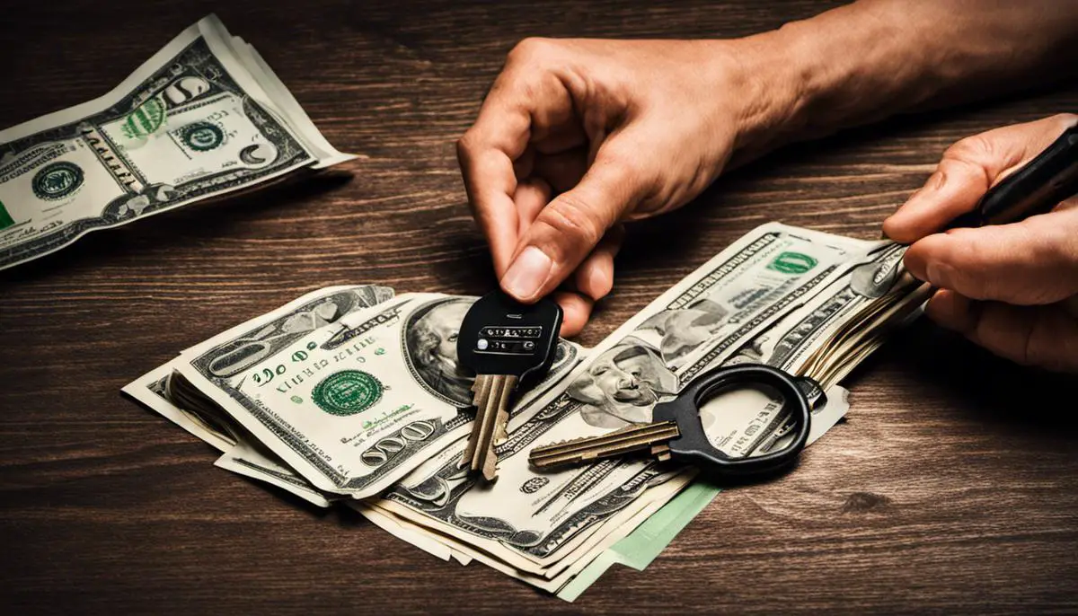 Image of a person examining house keys and dollar bills, symbolizing the concept of refinancing for financial benefits and decision-making.