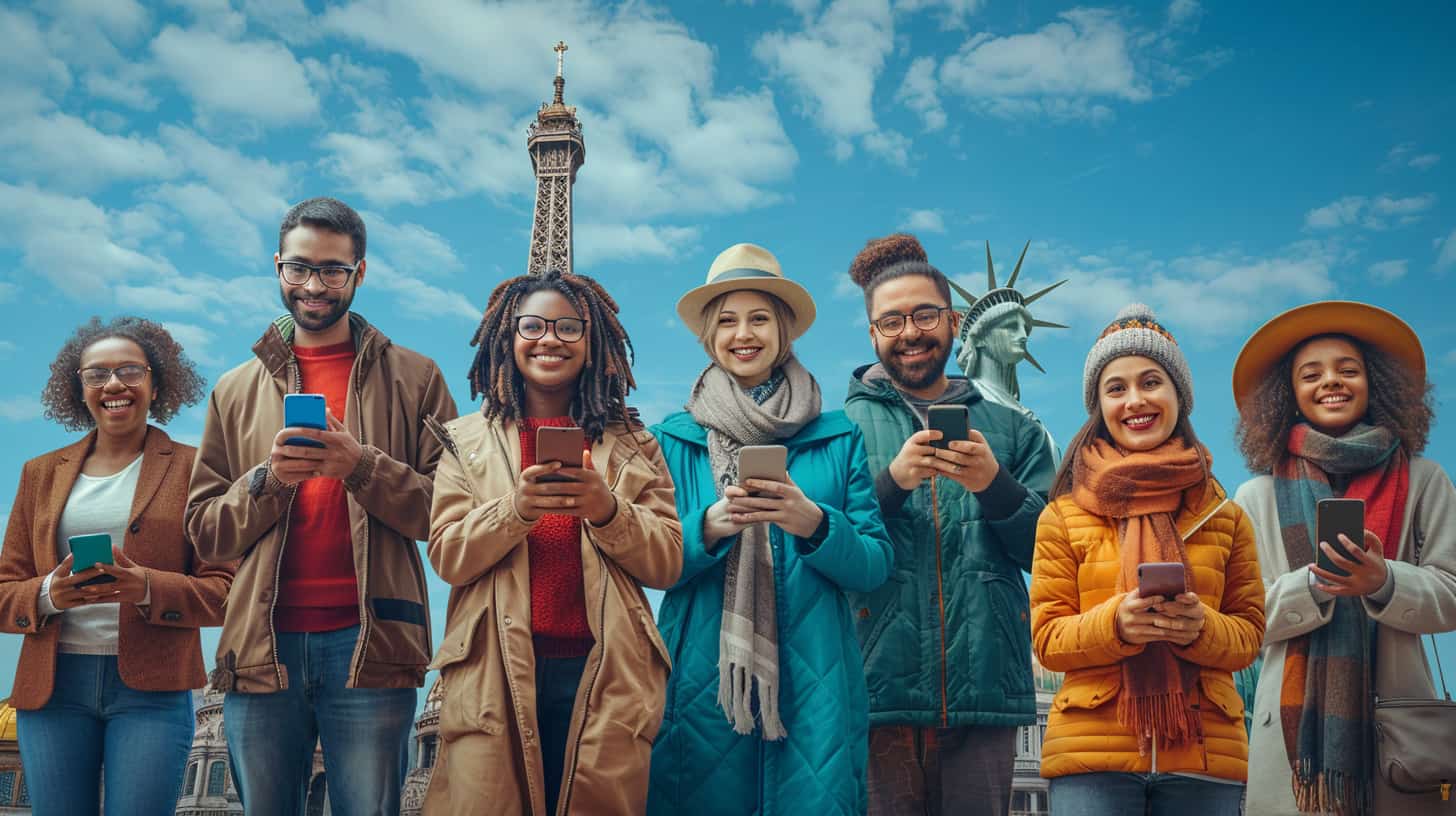 a diverse group of people from different countries around the world, each holding their smartphones and smiling as they effortlessly transfer money using the WorldRemit mobile app.