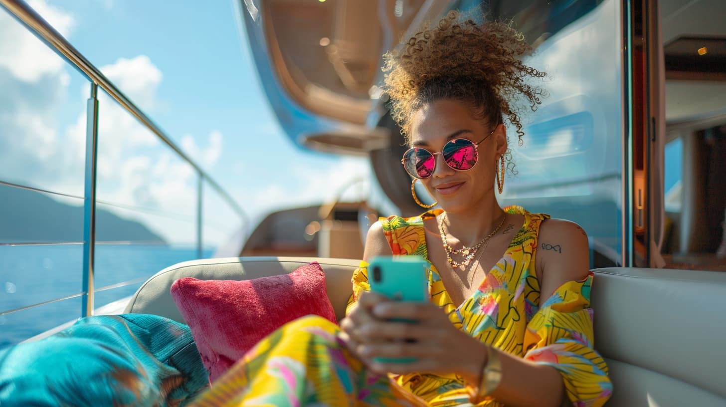 photo in 8k resolution that showcases a person using the Western Union Mobile App on their smartphone to send money on the go while on a luxury boat