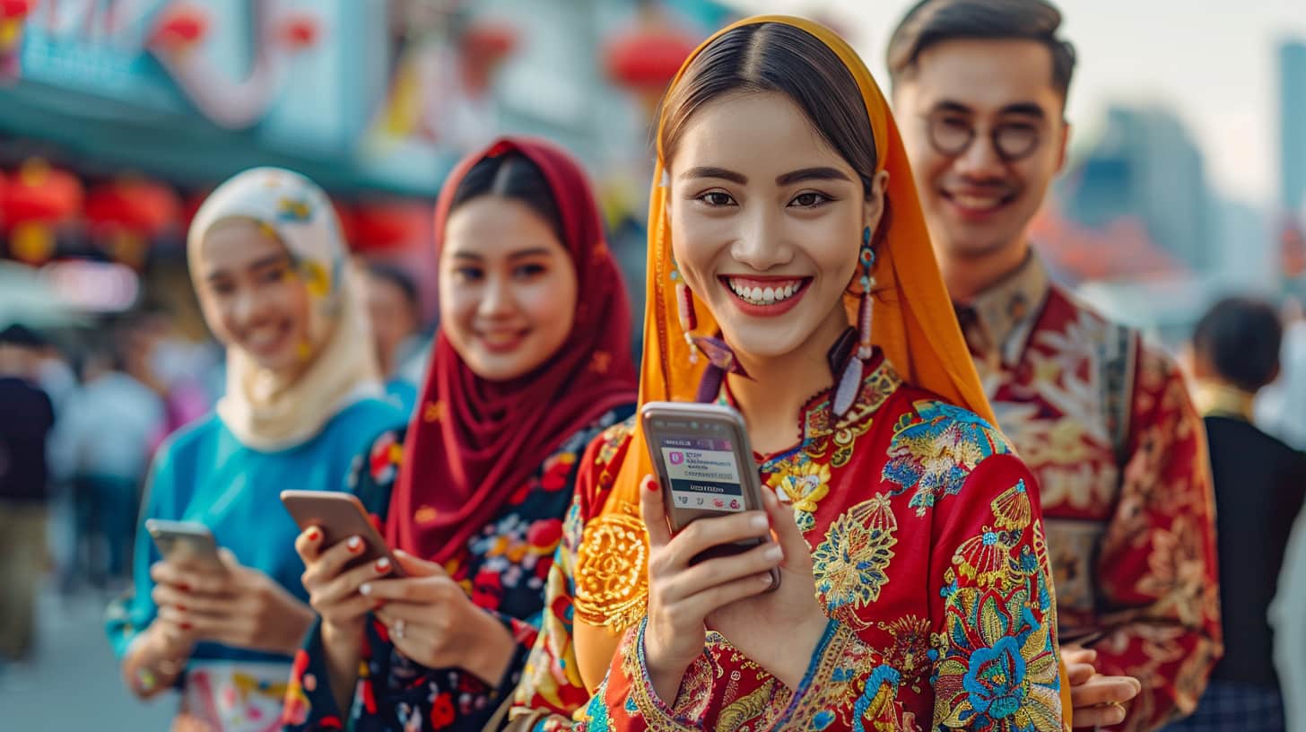 photo showcasing a diverse group of individuals from different countries smiling and exchanging money effortlessly using the PaySii app on their smartphones