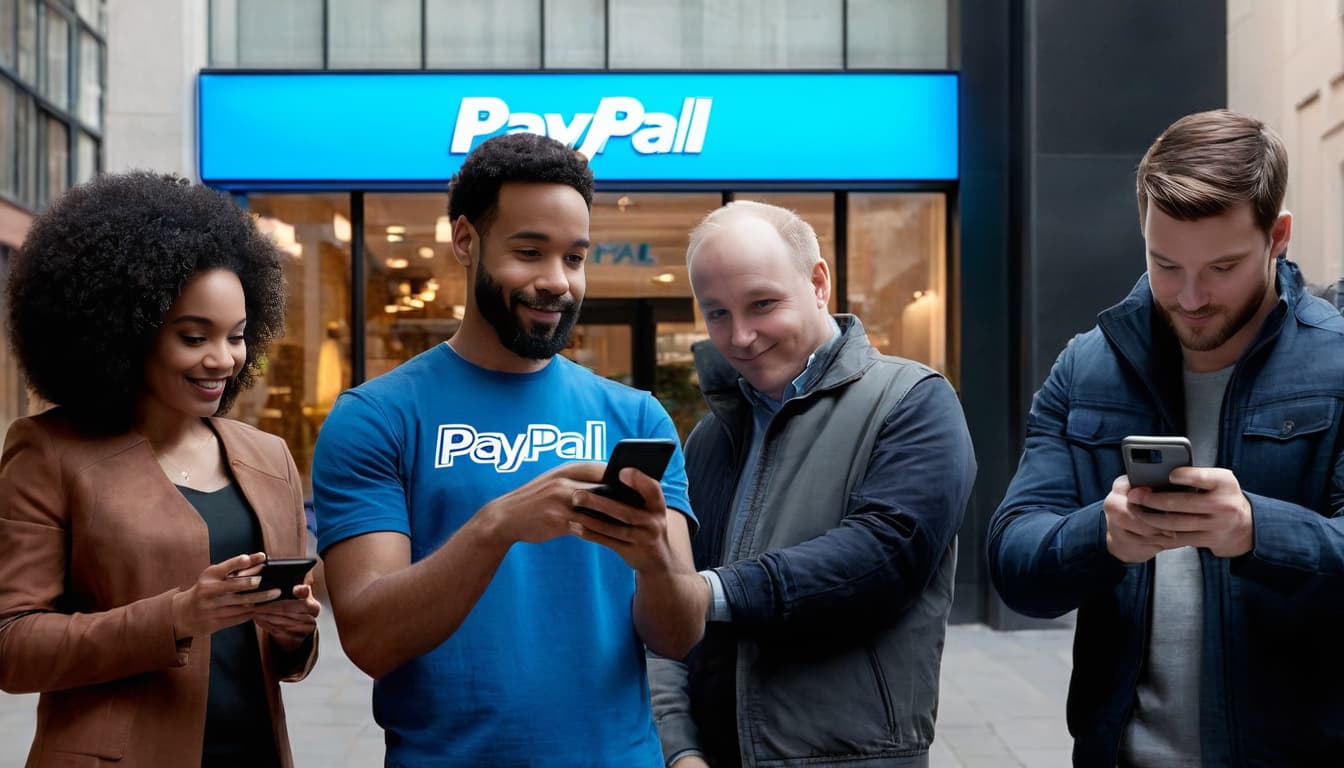 photo of a diverse group of individuals, each holding a smartphone with the PayPal app open, sending and receiving money seamlessly.
