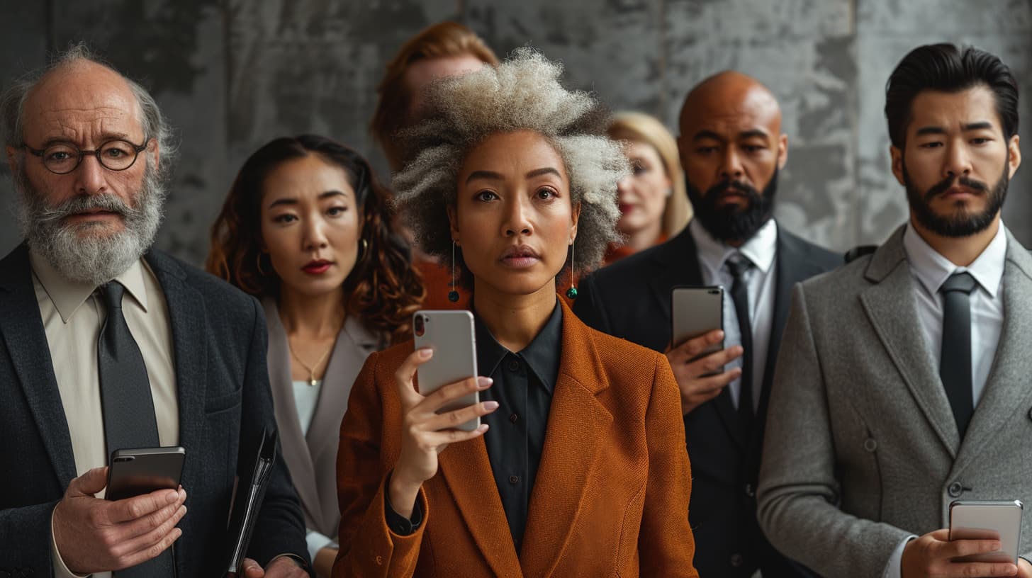 **Create a hyper realistic photo showcasing a diverse group of people from different countries on their cell phones conducting business. The photo should be in 8k resolution to fully capture the vibrant colors and textures of the scene. -