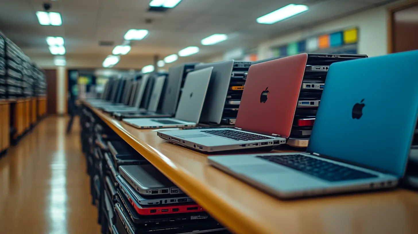 image of stack of old laptops in a school for sale