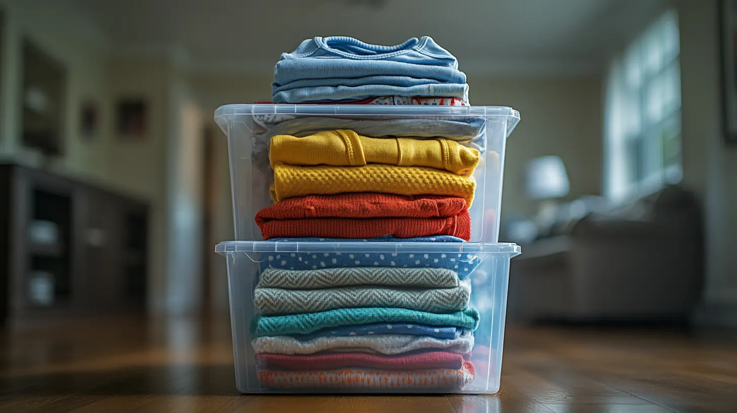 image of a stack of used clothes for sale sitting in a plastic bin ready for sale.