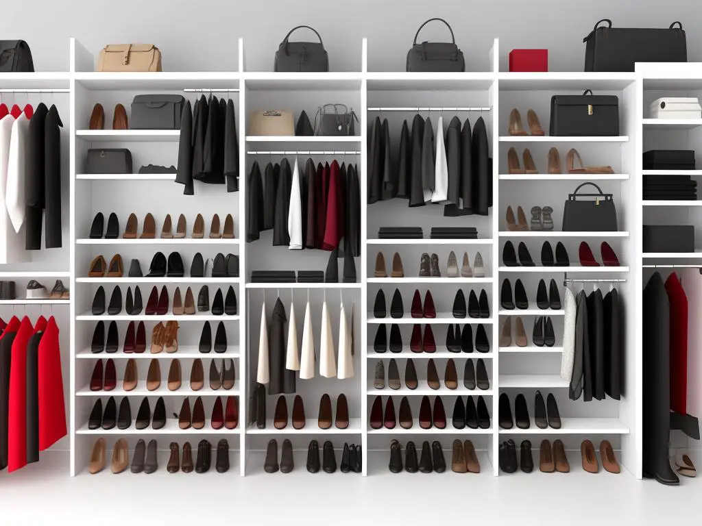 A display of various shoes and accessories on a virtual closet background