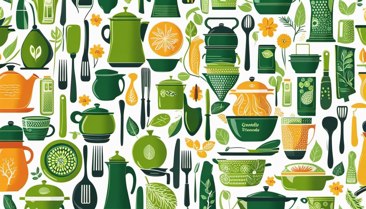 Illustration of various kitchenware items with sustainability symbols indicating eco-friendly practices