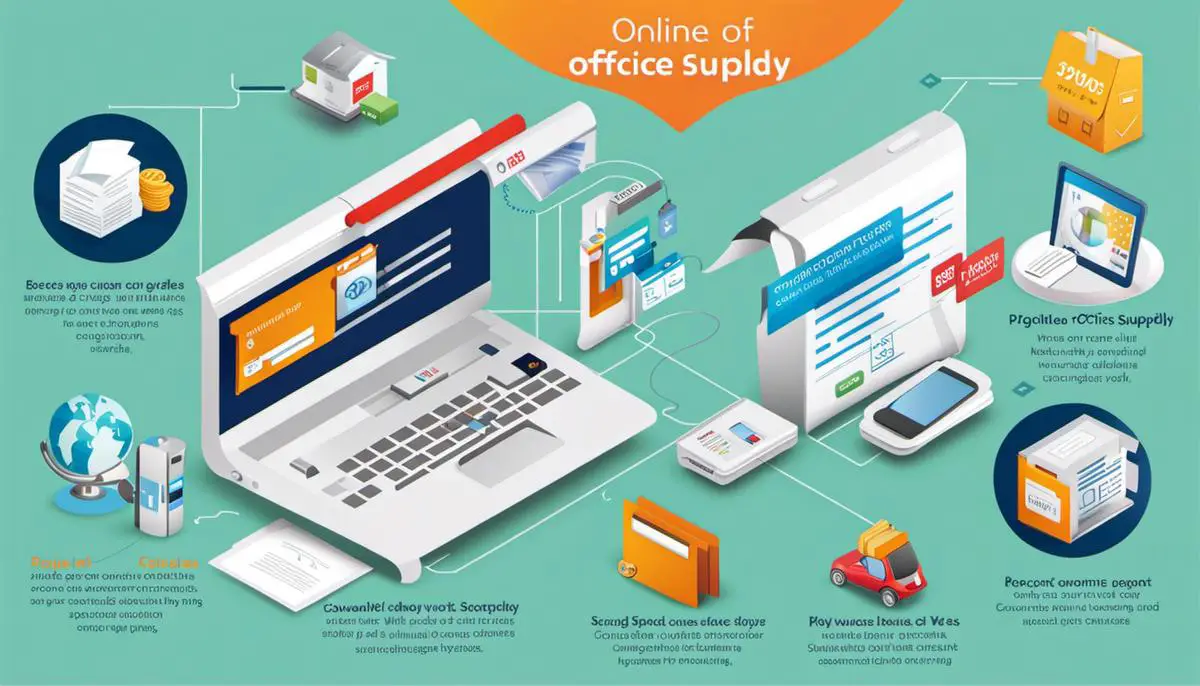 A diagram showing the impact of online office supply stores on convenience, featuring icons of a computer, shopping bag, and a globe.