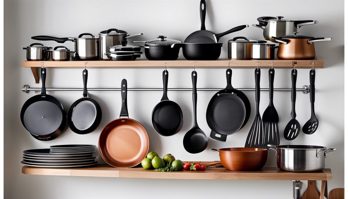 A wide variety of kitchenware including pots, pans, and utensils displayed in an organized manner.