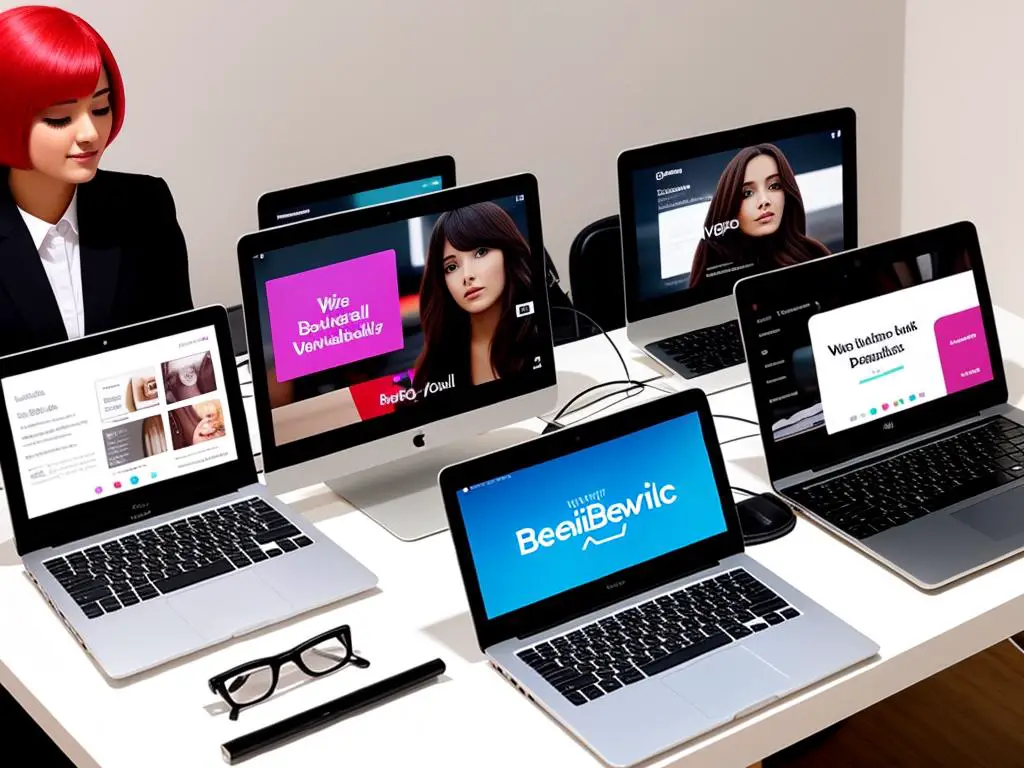 Image depicting the rise of online beauty shops with visually impaired people in mind: Two laptops displaying beauty products and a smartphone showing social media icons surrounded by beauty products.